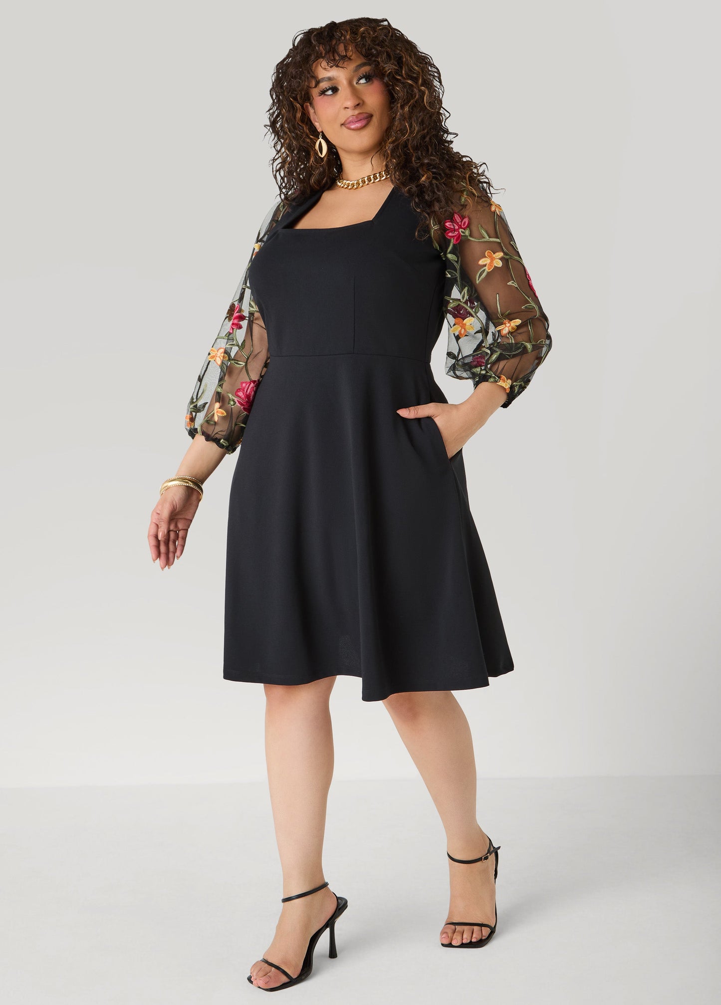 Ashley Stewart Embroidered Sleeve A Line Dress Black