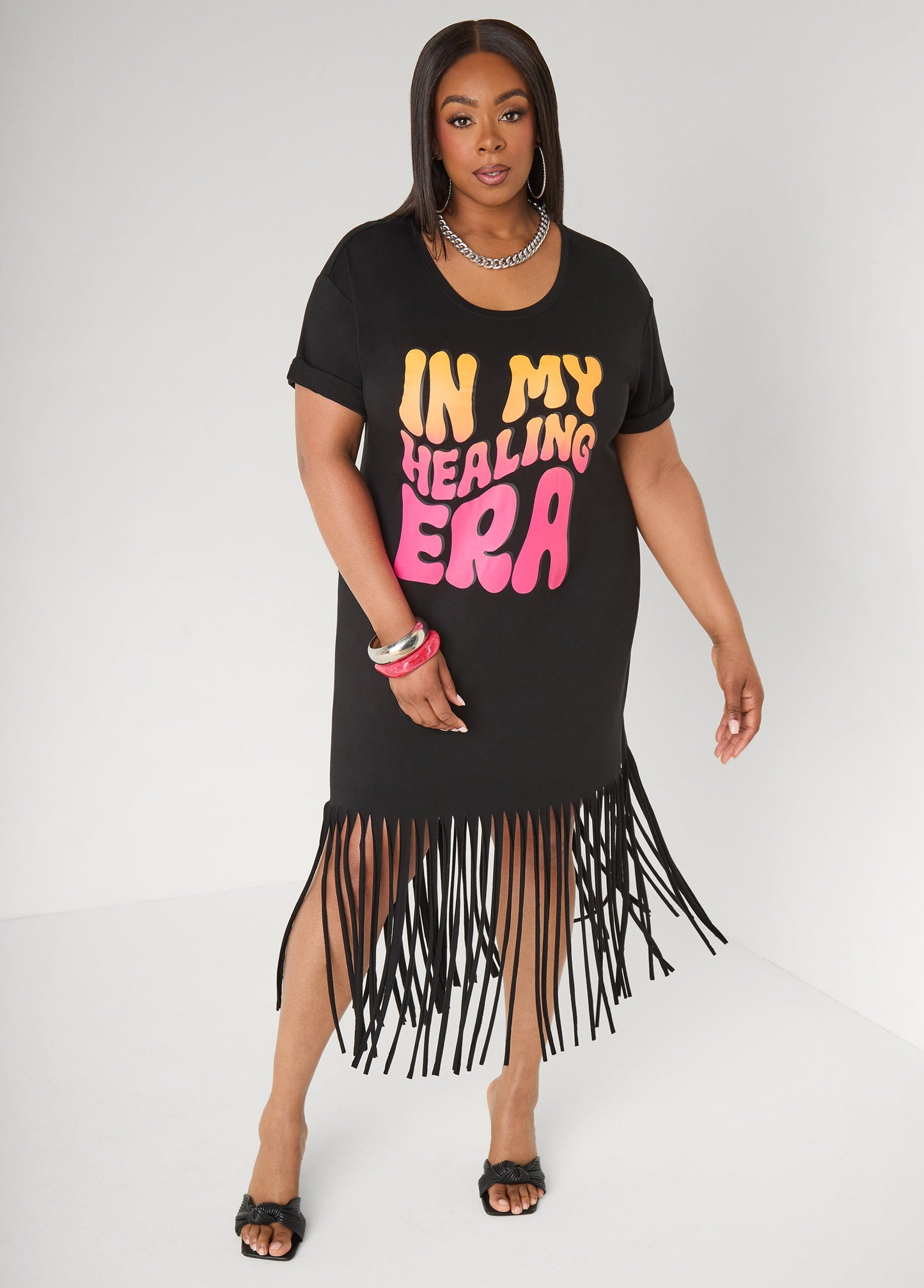 Ashley Stewart Healing Era Fringed T Shirt Dress Black
