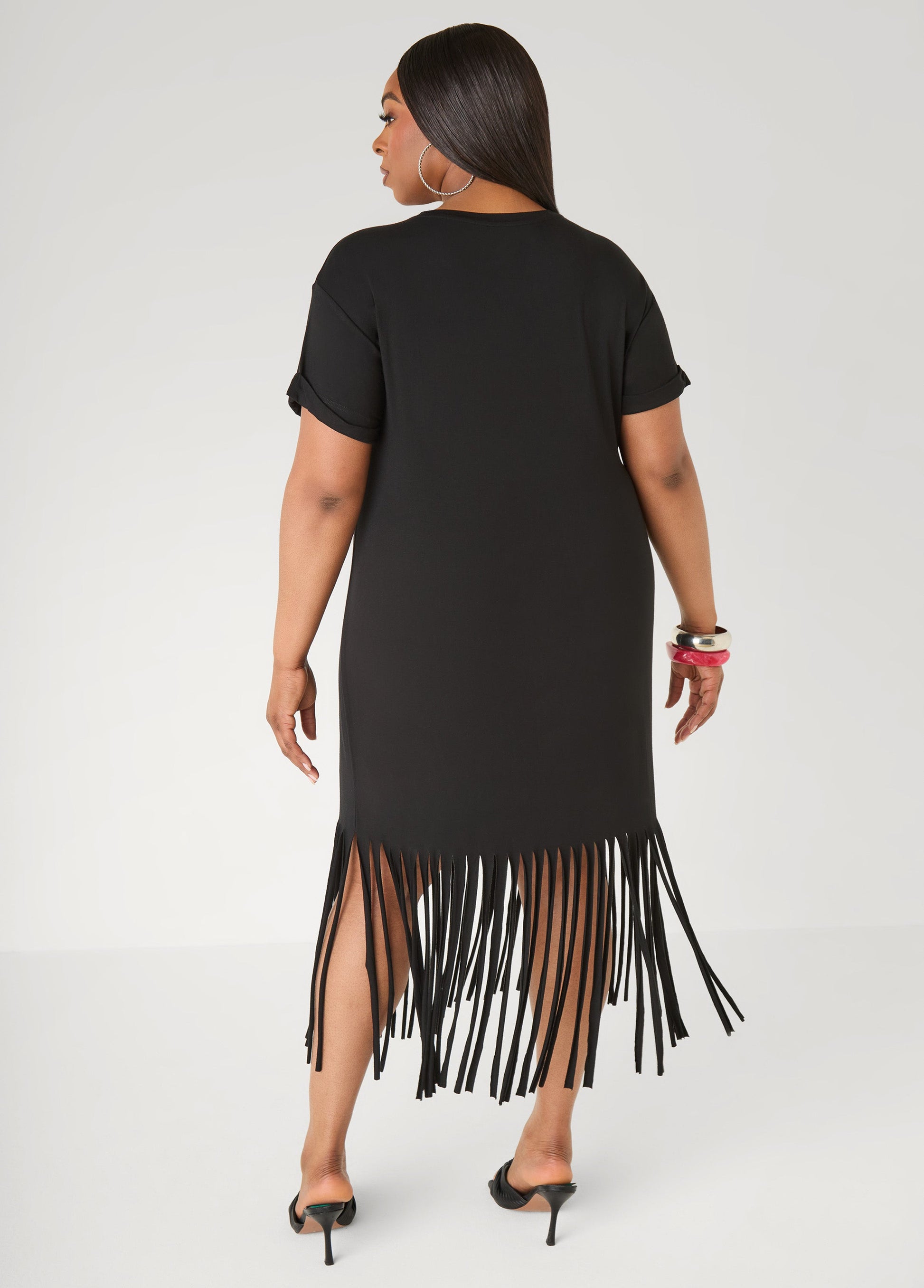 Ashley Stewart Healing Era Fringed T Shirt Dress Black