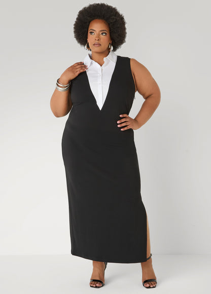 Ashley Stewart Maxi Tuxedo Dress Black White