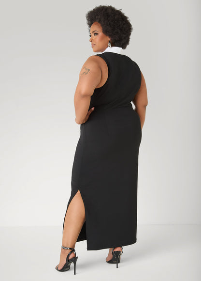 Ashley Stewart Maxi Tuxedo Dress Black White