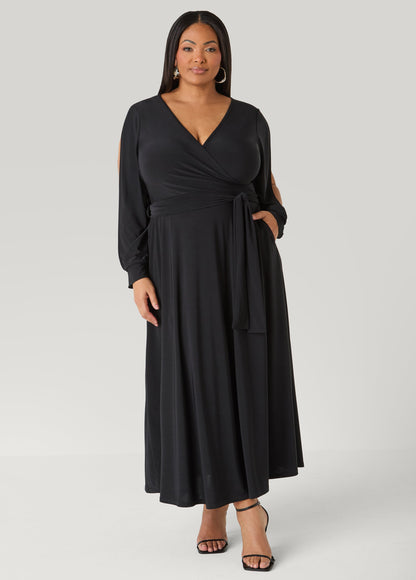 Ashley Stewart Split Sleeved A Line Maxi Dress Black