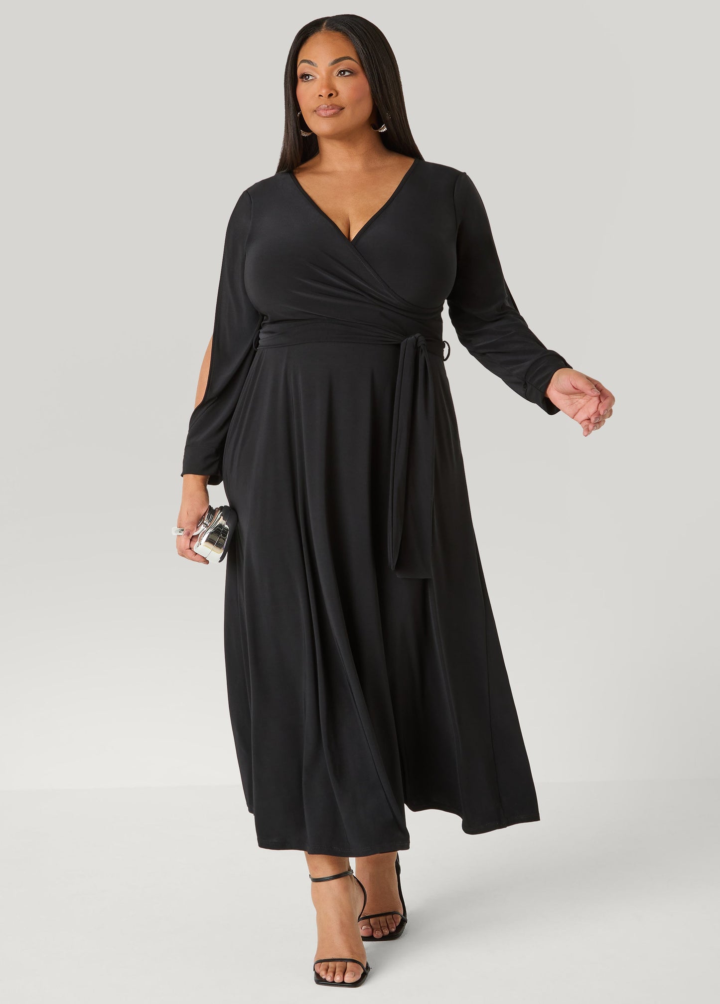 Ashley Stewart Split Sleeved A Line Maxi Dress Black