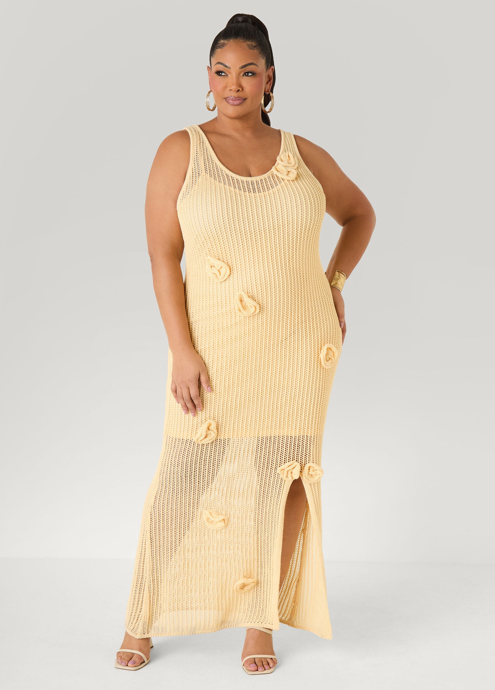 Ashley Stewart Rosette Crochet Maxi Dress Natural