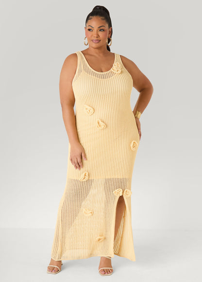 Ashley Stewart Rosette Crochet Maxi Dress Natural