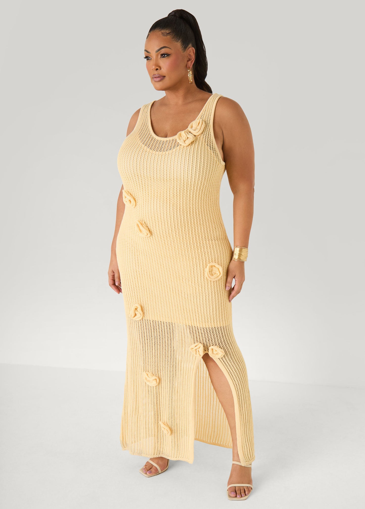 Ashley Stewart Rosette Crochet Maxi Dress Natural