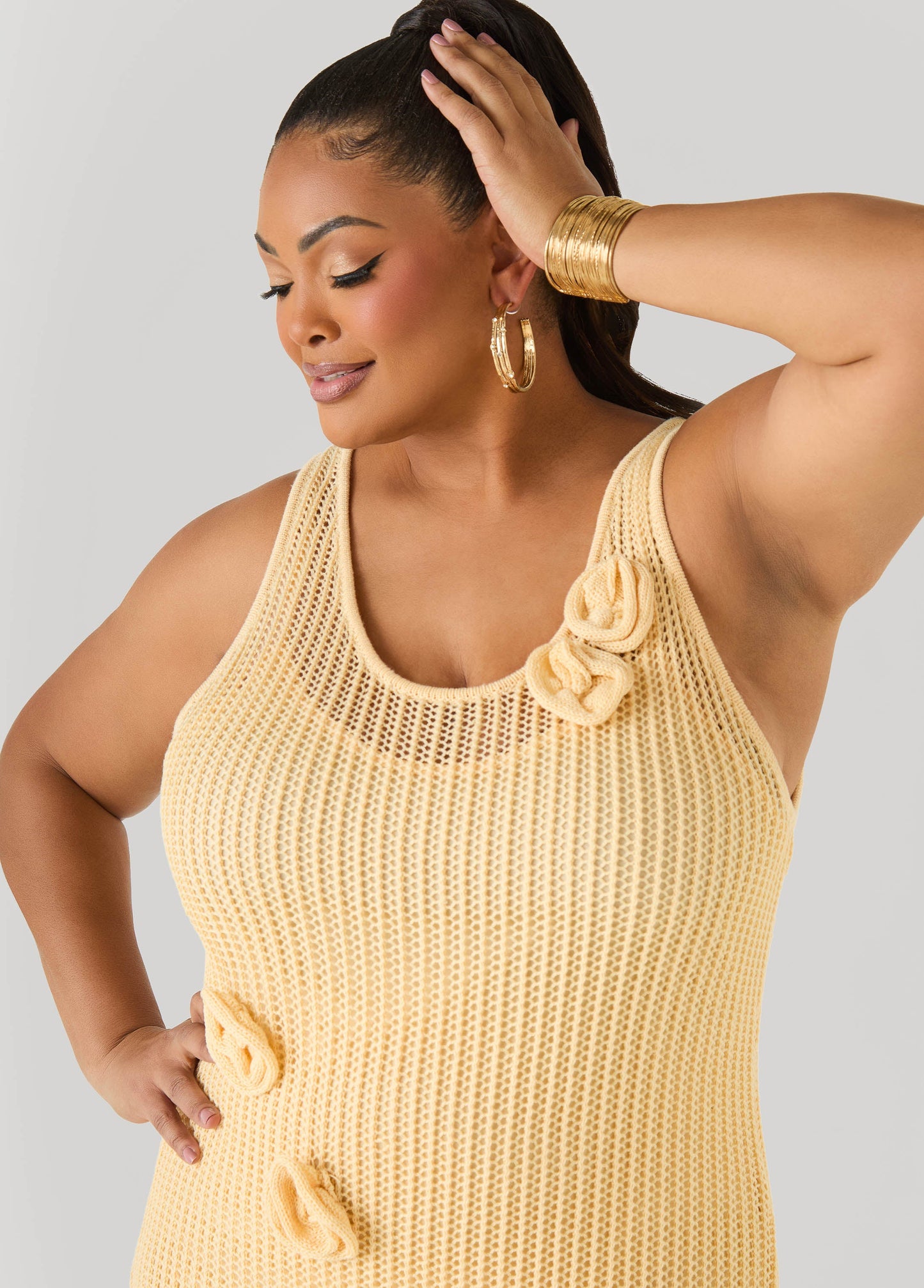 Ashley Stewart Rosette Crochet Maxi Dress Natural