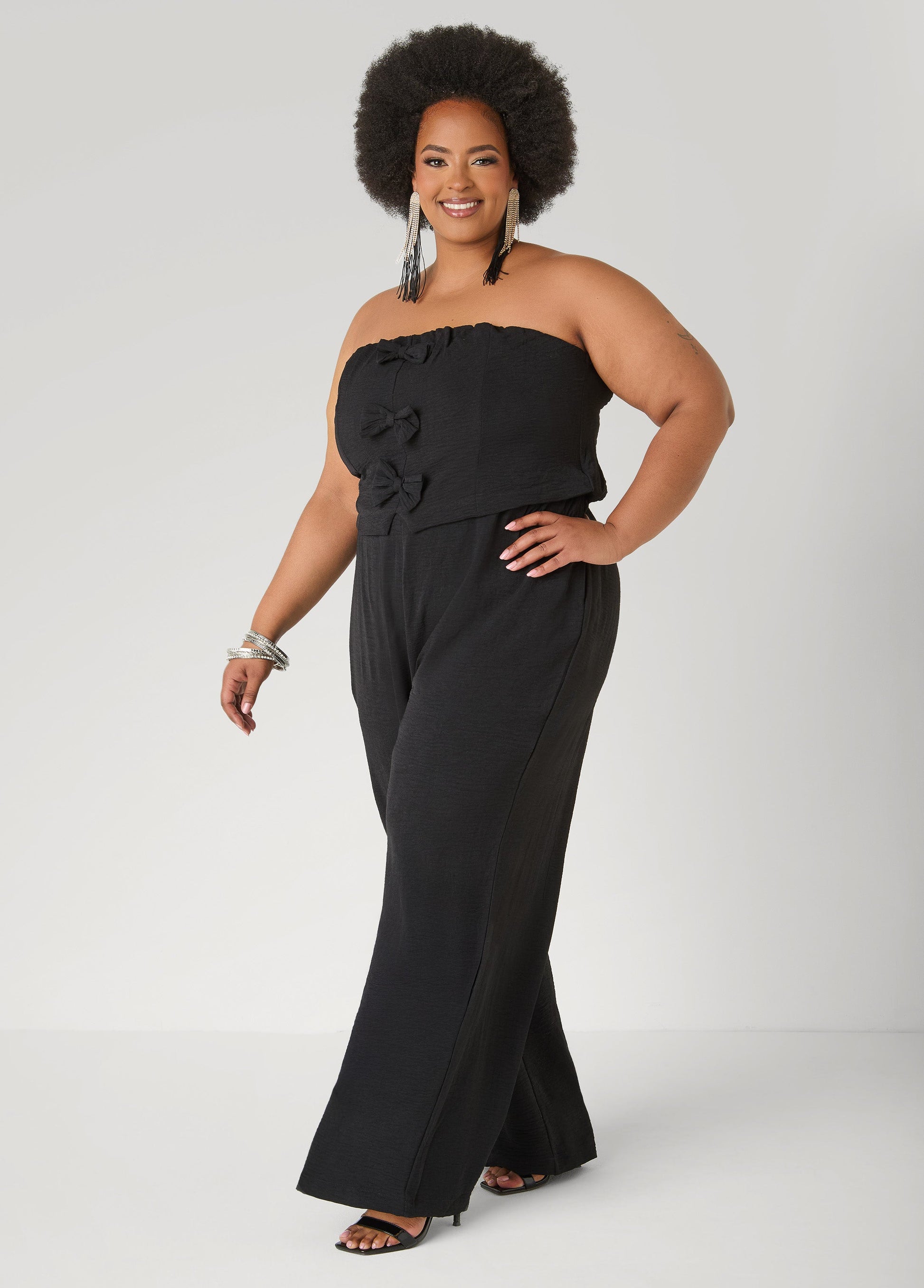 Ashley Stewart Tall Strapless Bow Embellished Jumpsuit Black