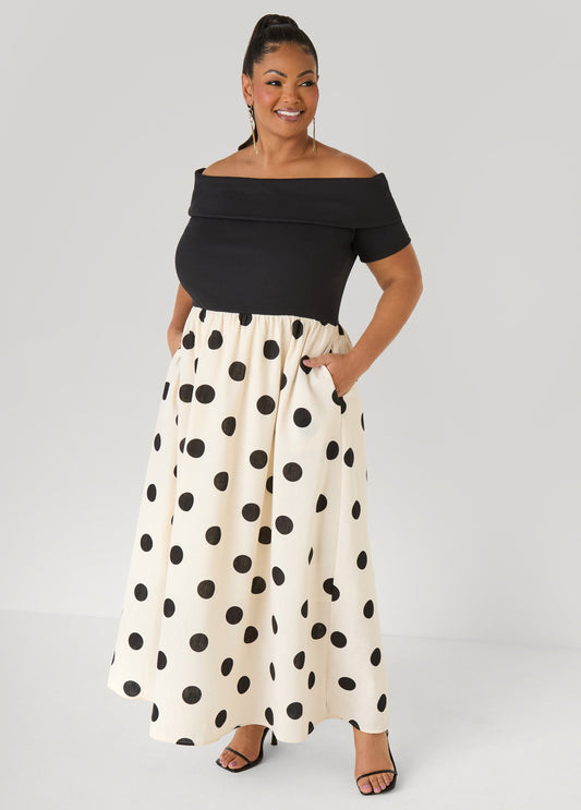 Ashley Stewart Off The Shoulder Polka Dot Dress White Black