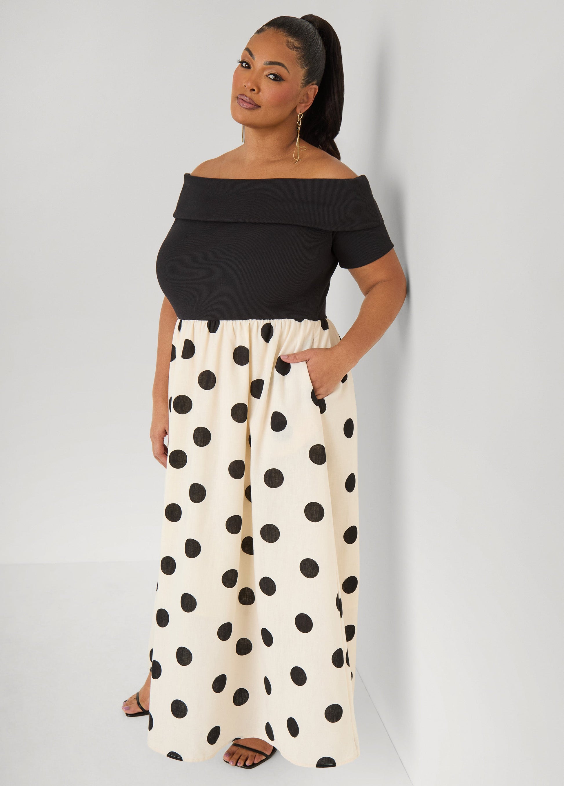 Ashley Stewart Off The Shoulder Polka Dot Dress White Black