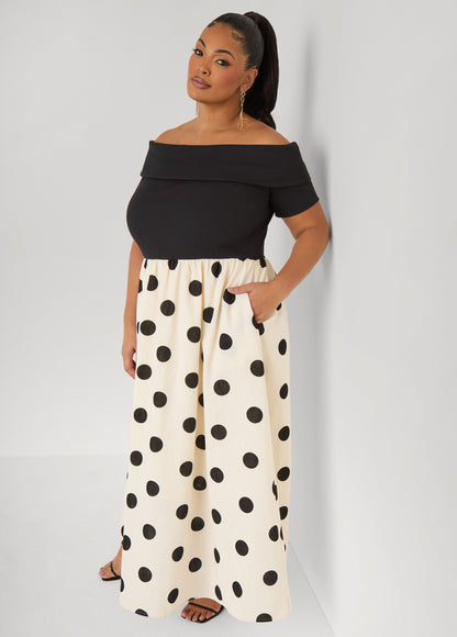 Ashley Stewart Off The Shoulder Polka Dot Dress White Black