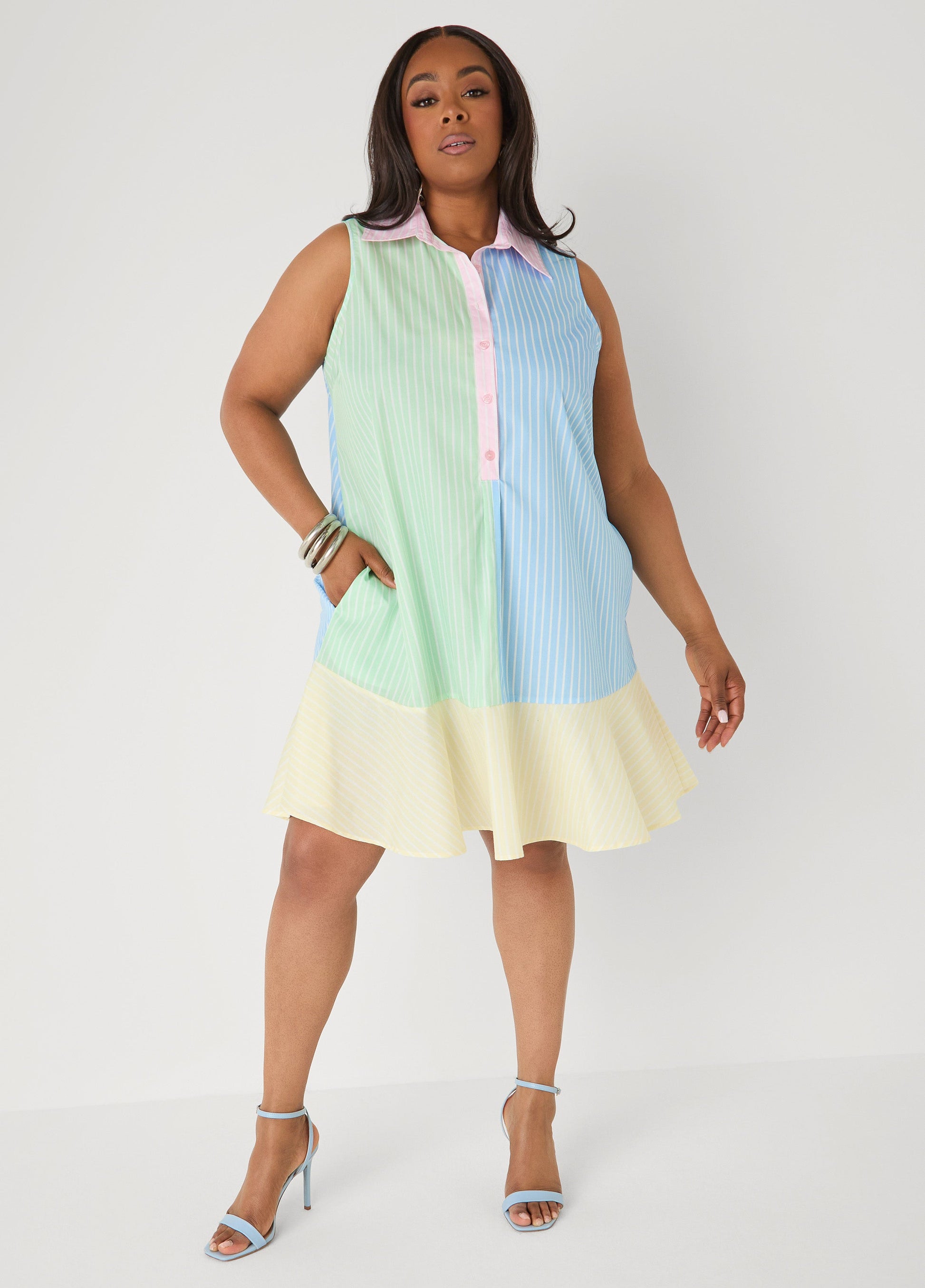 Ashley Stewart Flounced Colorblock Shirtdress Multi