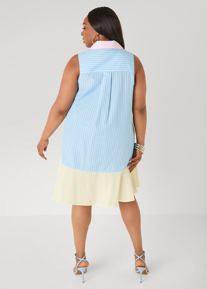 Ashley Stewart Flounced Colorblock Shirtdress Multi