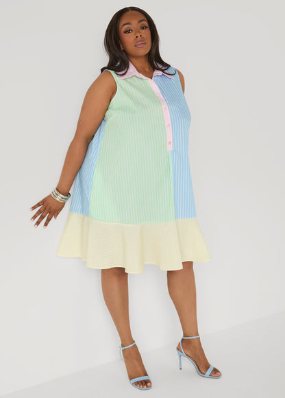 Ashley Stewart Flounced Colorblock Shirtdress Multi