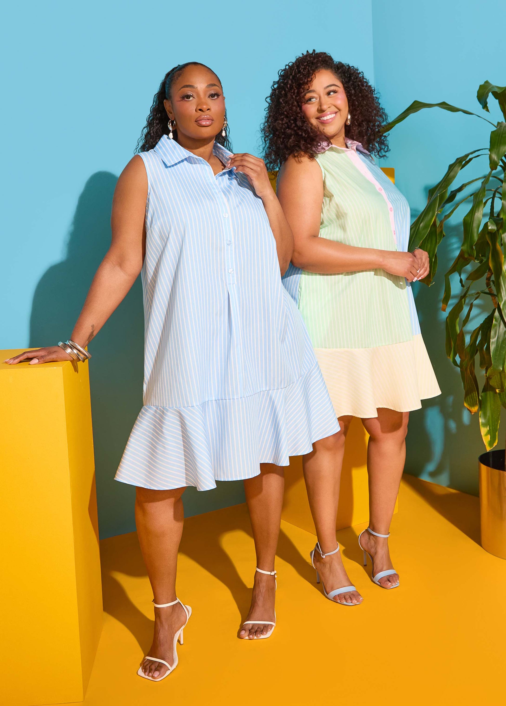 Ashley Stewart Flounced Colorblock Shirtdress Multi