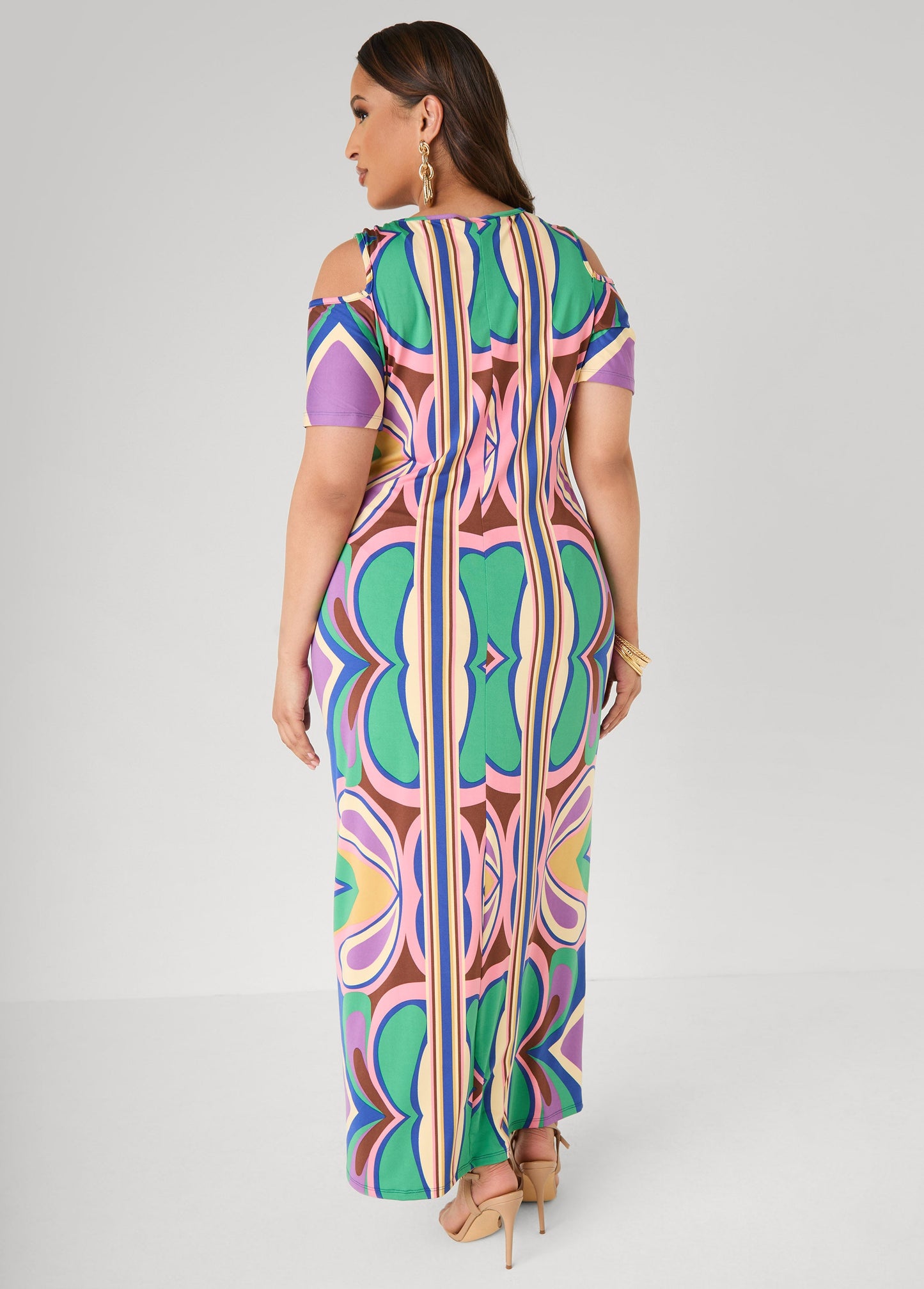 Ashley Stewart Plus Size Royal Blue Maxi Dress | Psychedelic Cold Shoulder Multi