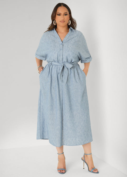 Ashley Stewart Plus Size Collared Shirtdress | Relaxed Midi Tie Waist in Sage & Chambray Blue Navy