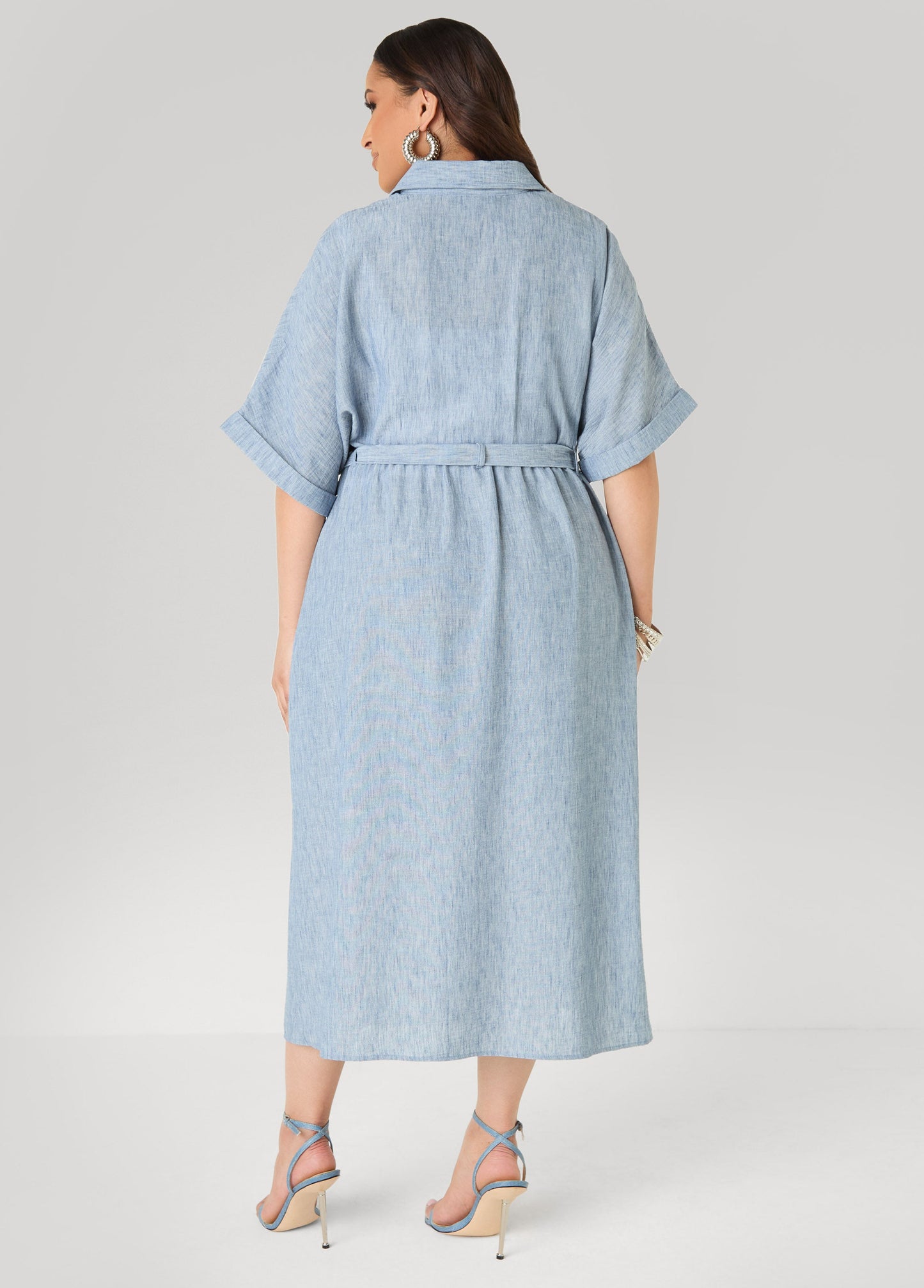 Ashley Stewart Plus Size Collared Shirtdress | Relaxed Midi Tie Waist in Sage & Chambray Blue Navy