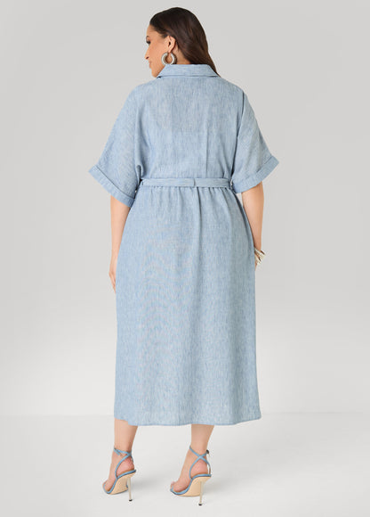 Ashley Stewart Plus Size Collared Shirtdress | Relaxed Midi Tie Waist in Sage & Chambray Blue Navy