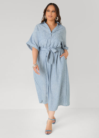 Ashley Stewart Plus Size Collared Shirtdress | Relaxed Midi Tie Waist in Sage & Chambray Blue Navy
