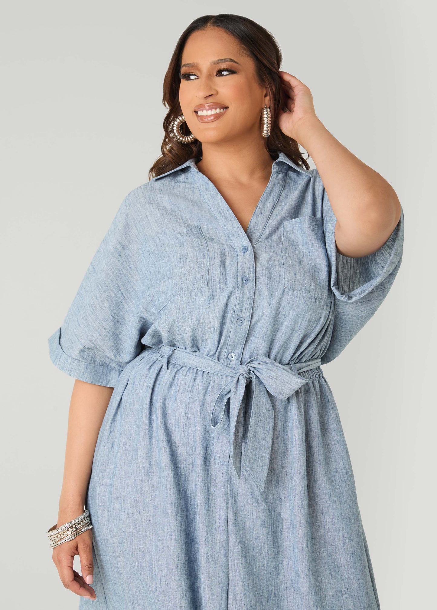 Ashley Stewart Plus Size Collared Shirtdress | Relaxed Midi Tie Waist in Sage & Chambray Blue Navy