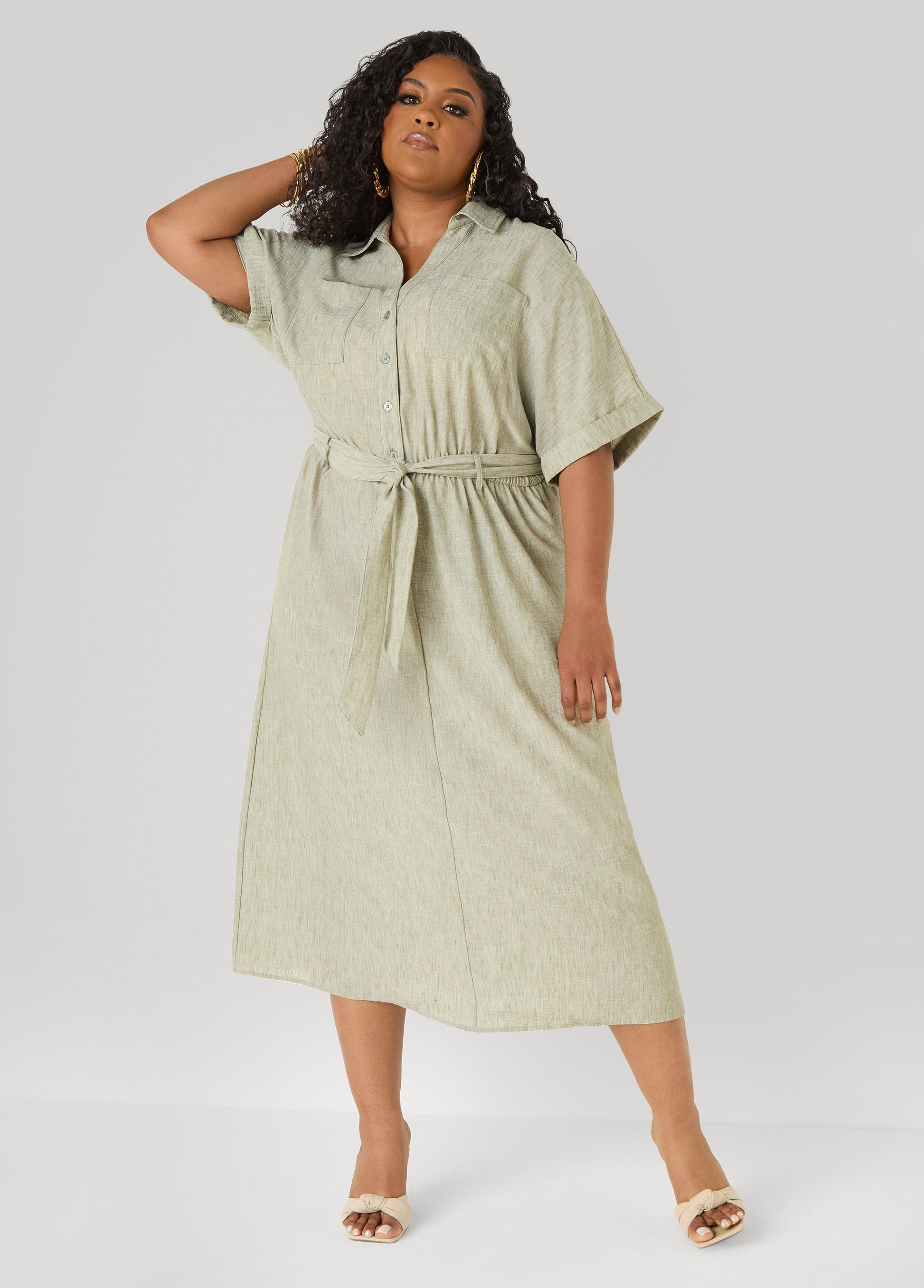 Ashley Stewart Plus Size Collared Shirtdress | Relaxed Midi Tie Waist in Sage & Chambray Blue Navy