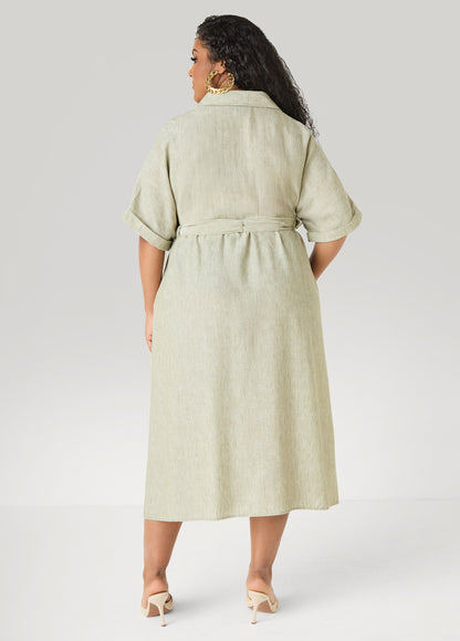 Ashley Stewart Plus Size Collared Shirtdress | Relaxed Midi Tie Waist in Sage & Chambray Blue Navy