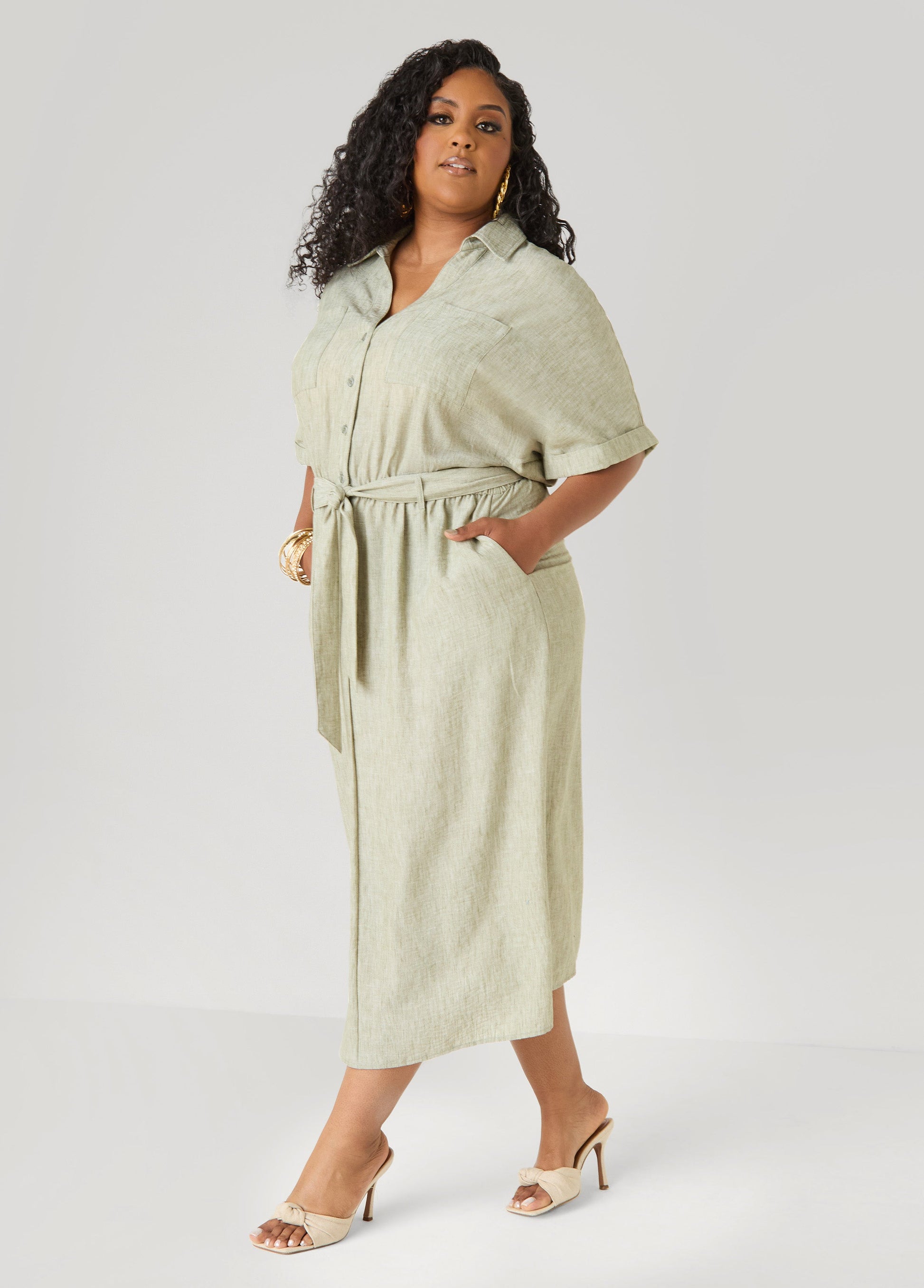 Ashley Stewart Plus Size Collared Shirtdress | Relaxed Midi Tie Waist in Sage & Chambray Blue Navy