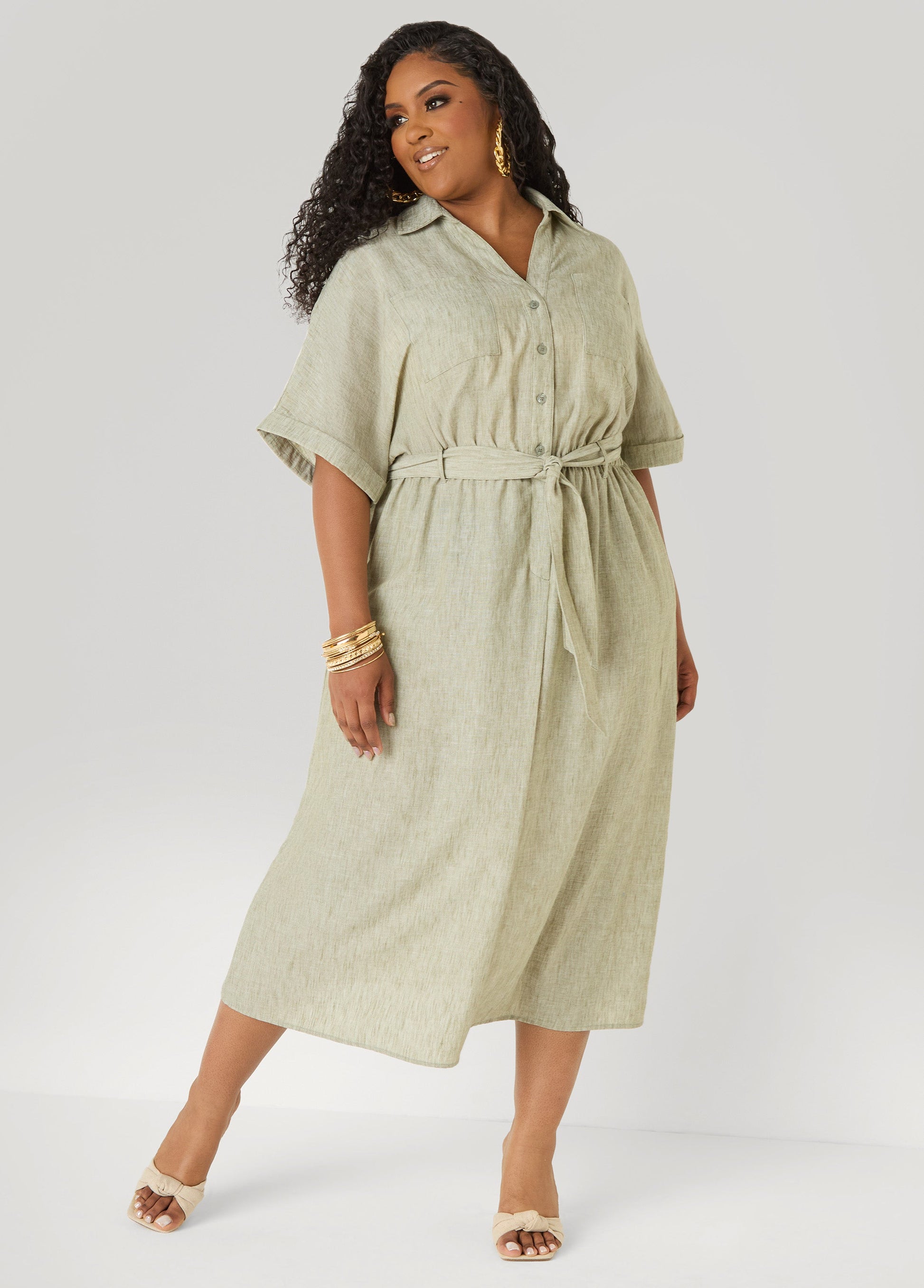 Ashley Stewart Plus Size Collared Shirtdress | Relaxed Midi Tie Waist in Sage & Chambray Blue Navy