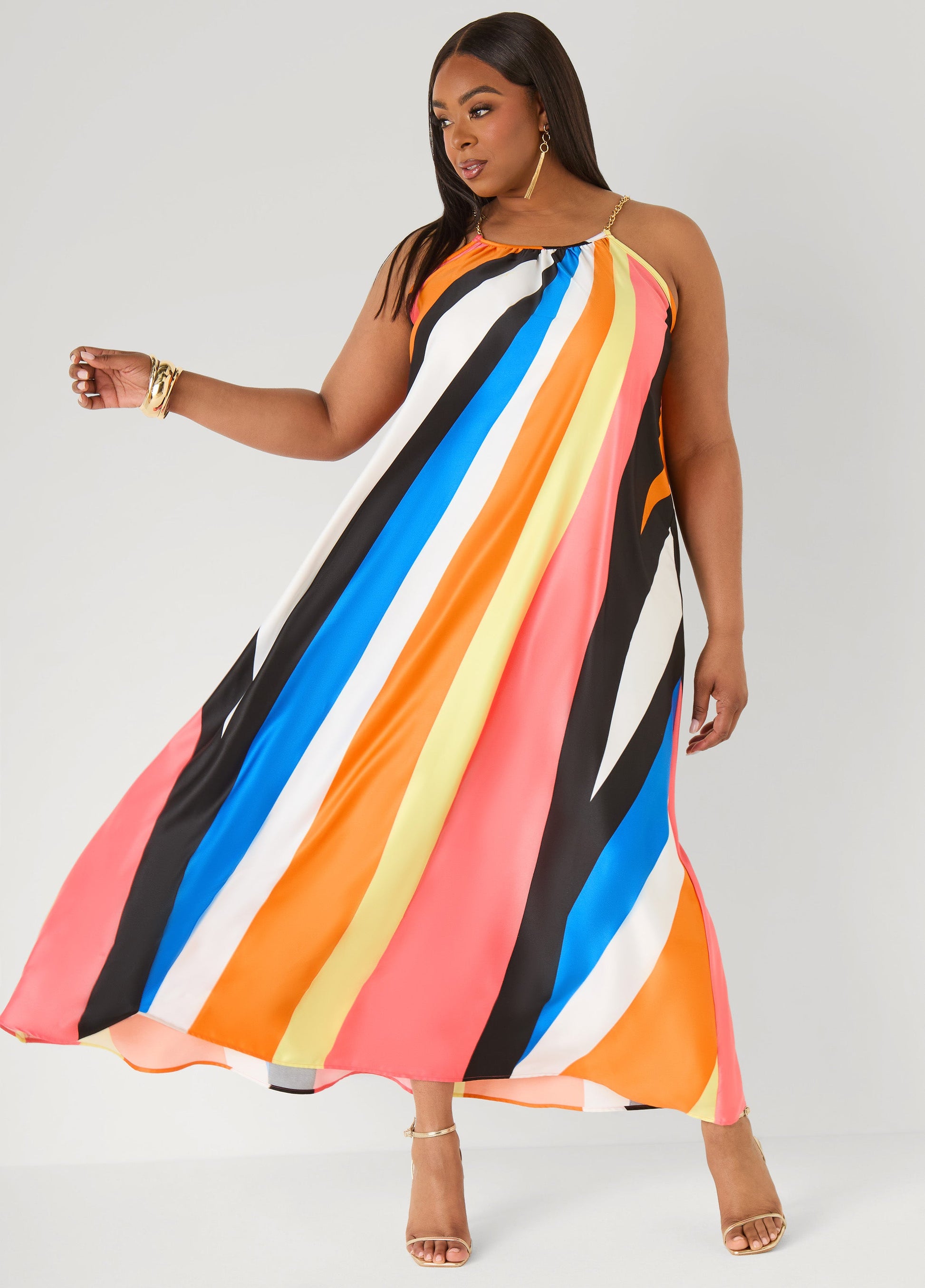 Ashley Stewart Chain Trimmed Striped Maxi Dress Multi
