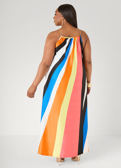 Ashley Stewart Chain Trimmed Striped Maxi Dress Multi