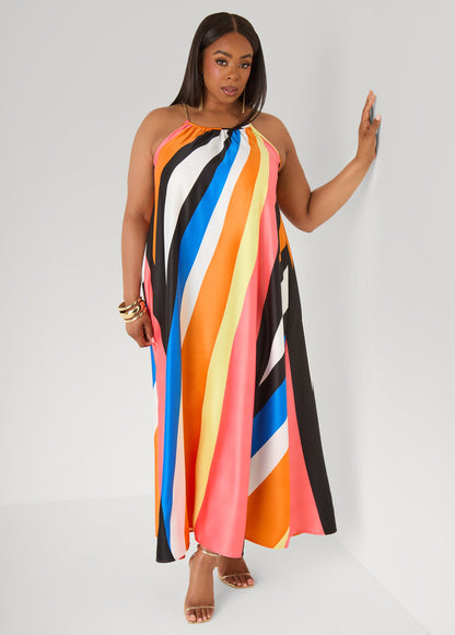 Ashley Stewart Chain Trimmed Striped Maxi Dress Multi