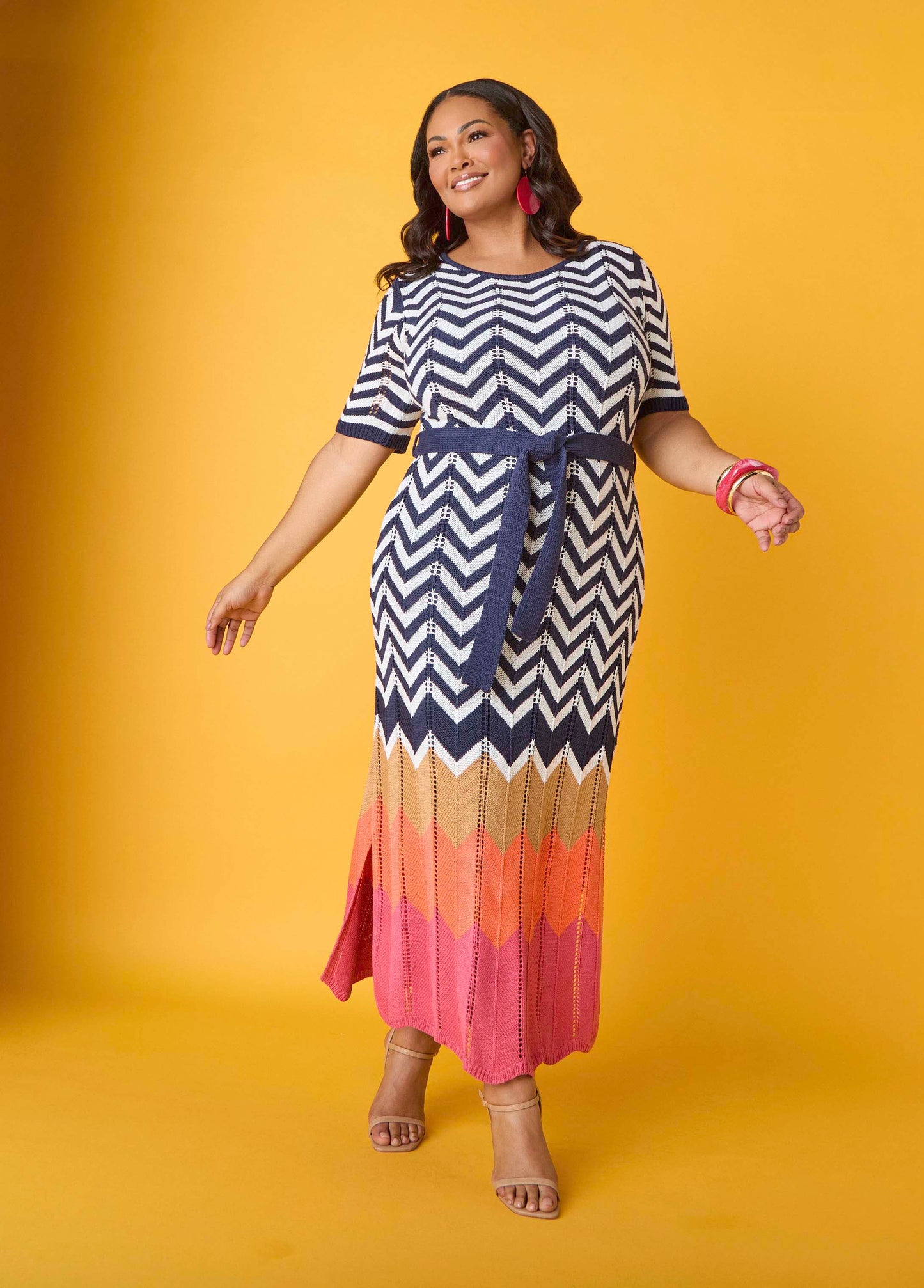 Ashley Stewart Zig Zag Pointelle Maxi Dress Peacoat