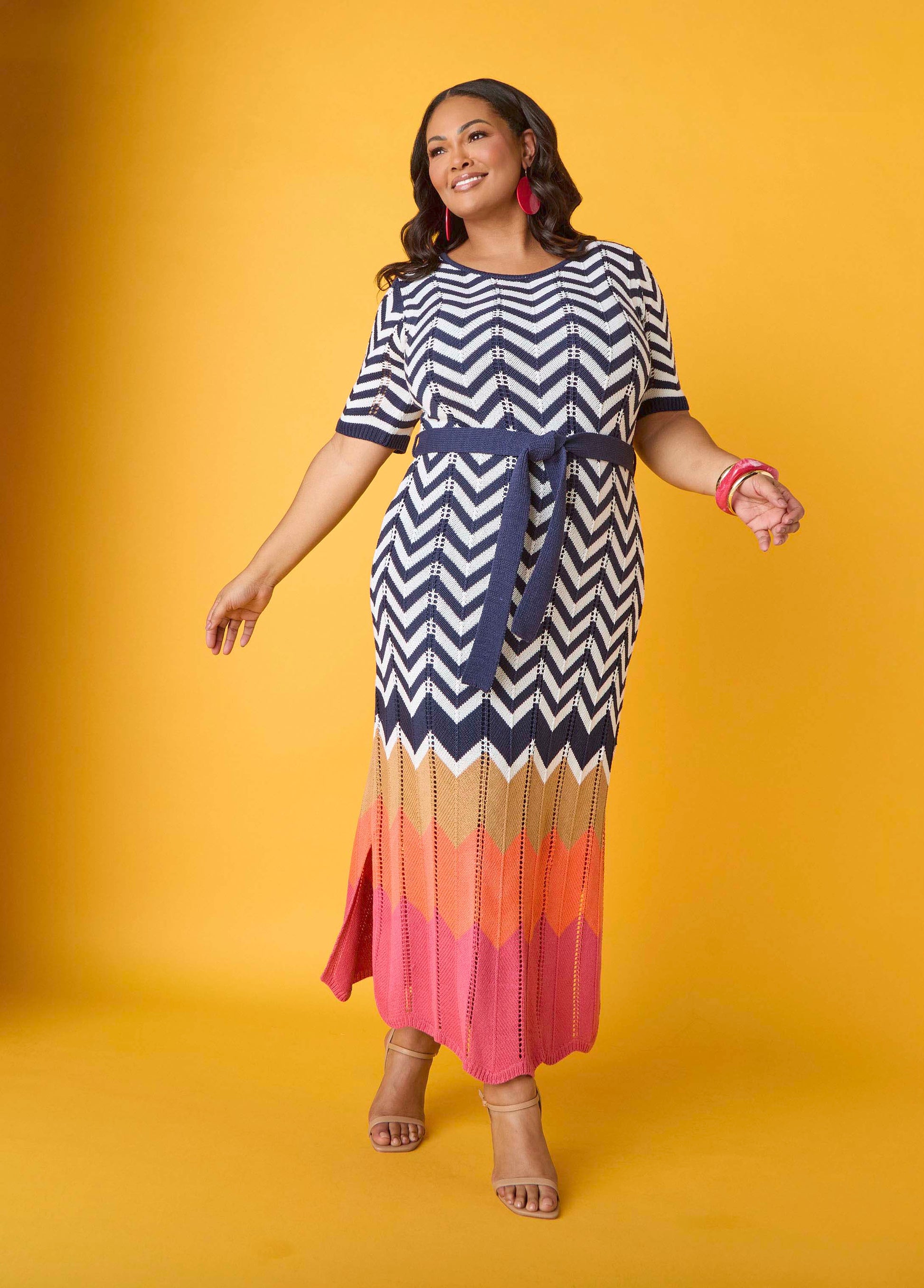 Ashley Stewart Zig Zag Pointelle Maxi Dress Peacoat