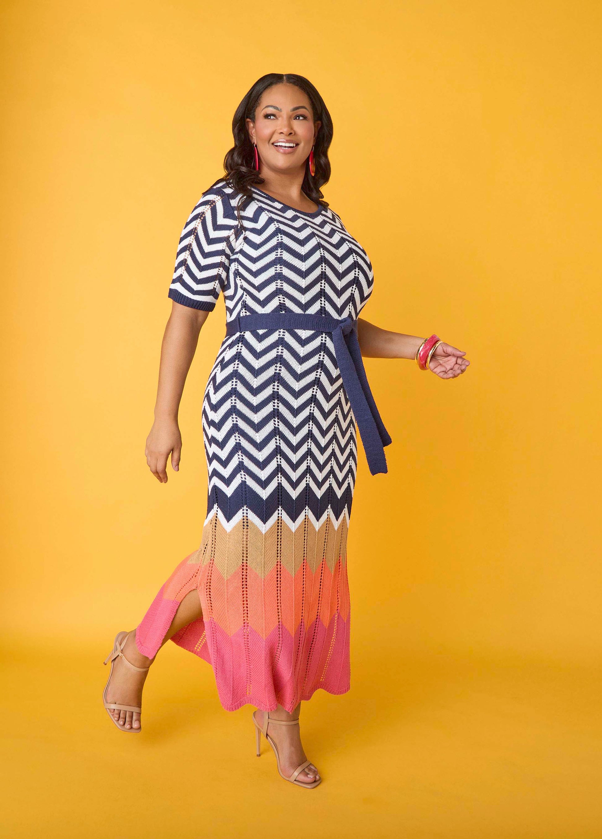 Ashley Stewart Zig Zag Pointelle Maxi Dress Peacoat