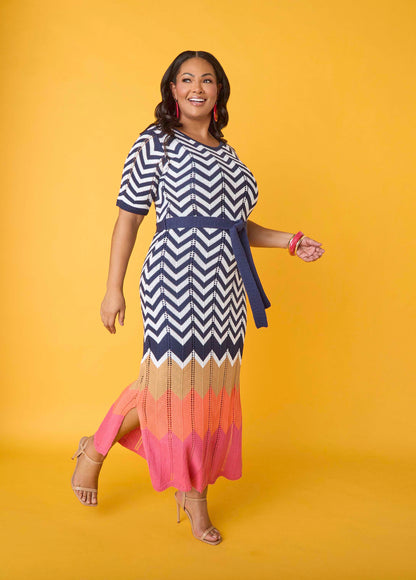 Ashley Stewart Zig Zag Pointelle Maxi Dress Peacoat