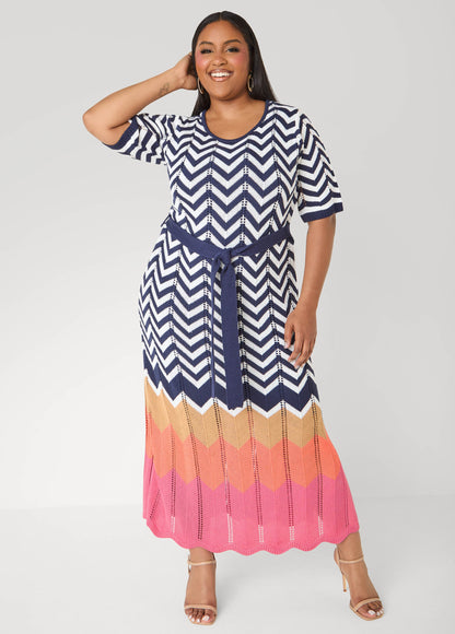 Ashley Stewart Zig Zag Pointelle Maxi Dress Peacoat