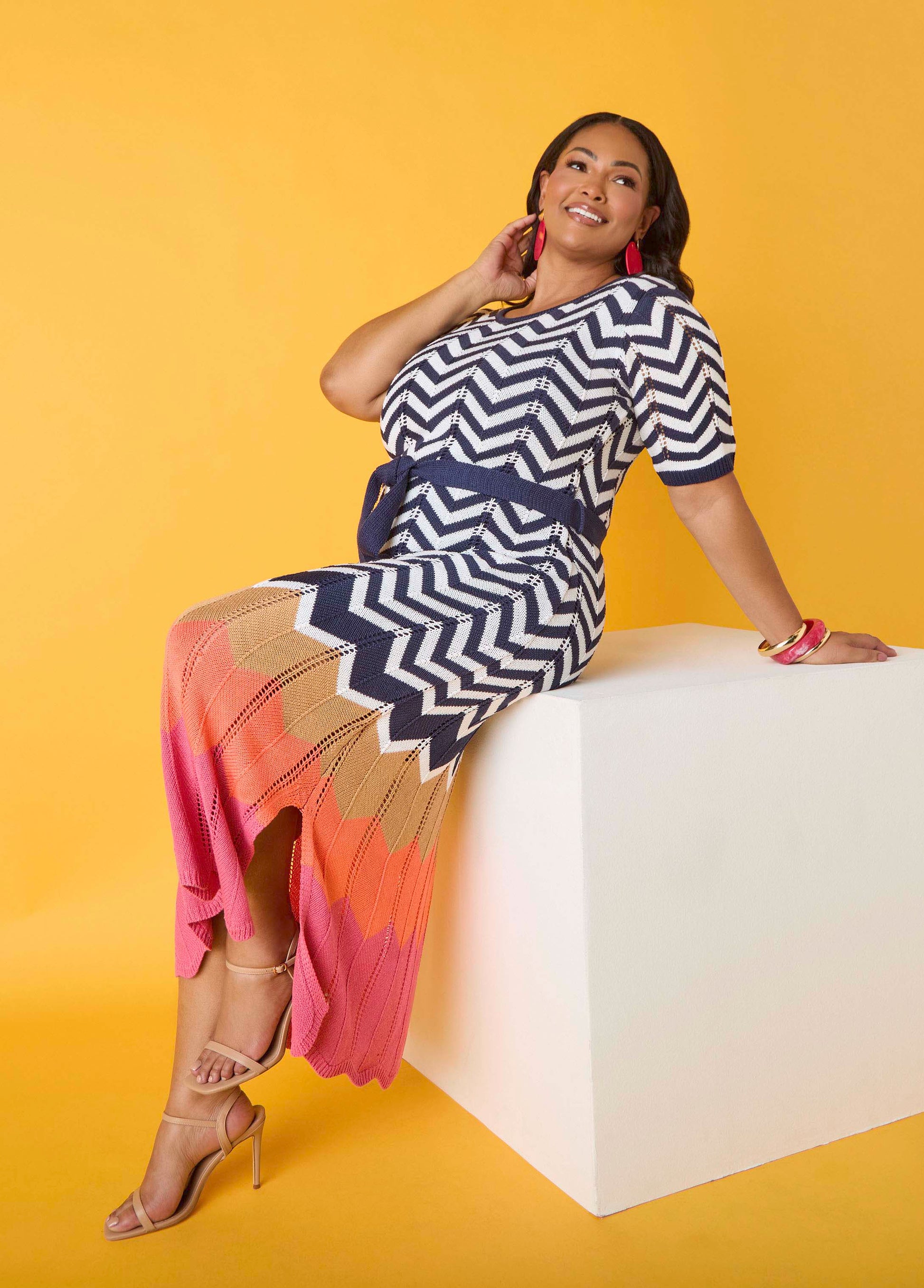 Ashley Stewart Zig Zag Pointelle Maxi Dress Peacoat
