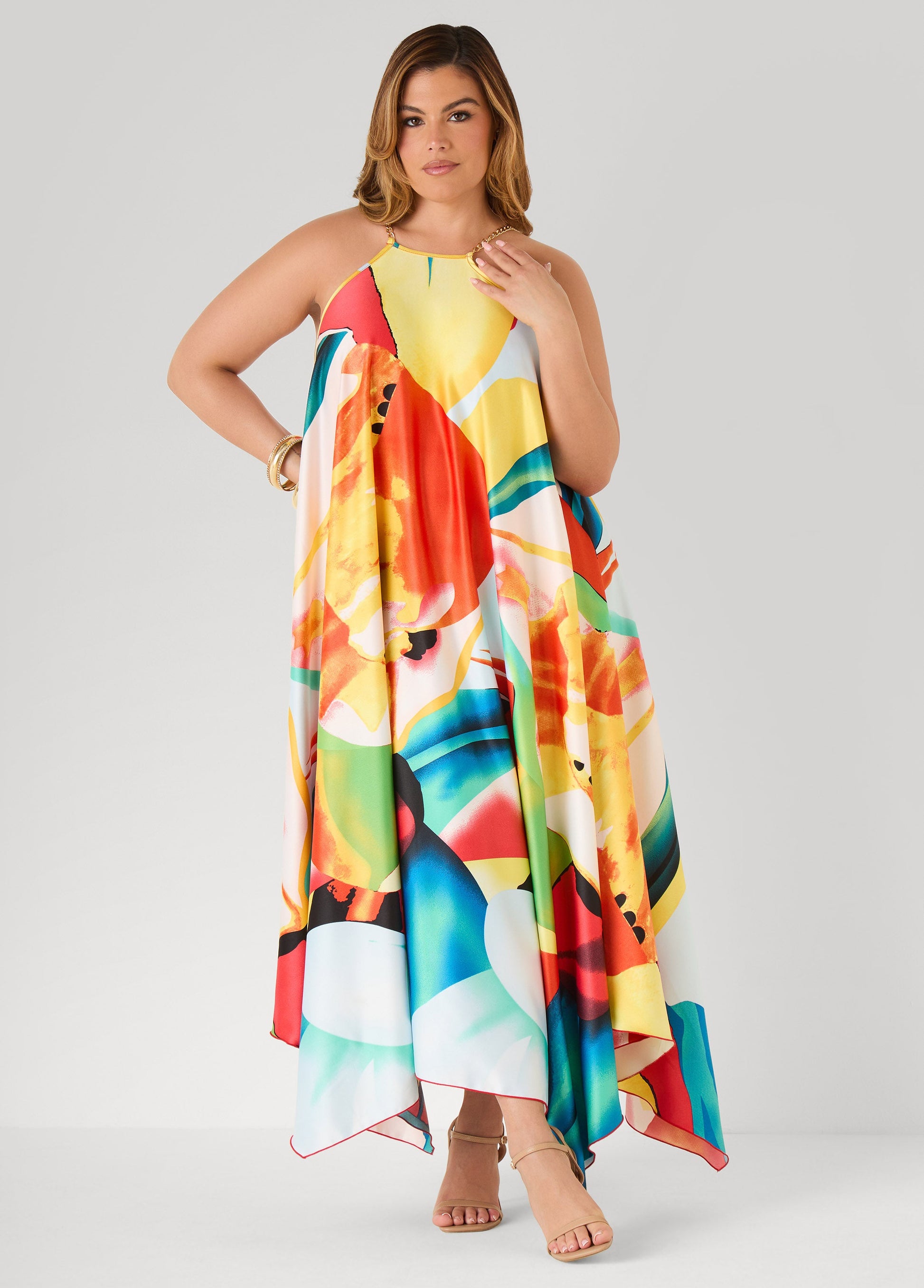 Ashley Stewart Floral Chain Trimmed Maxi Dress Multi
