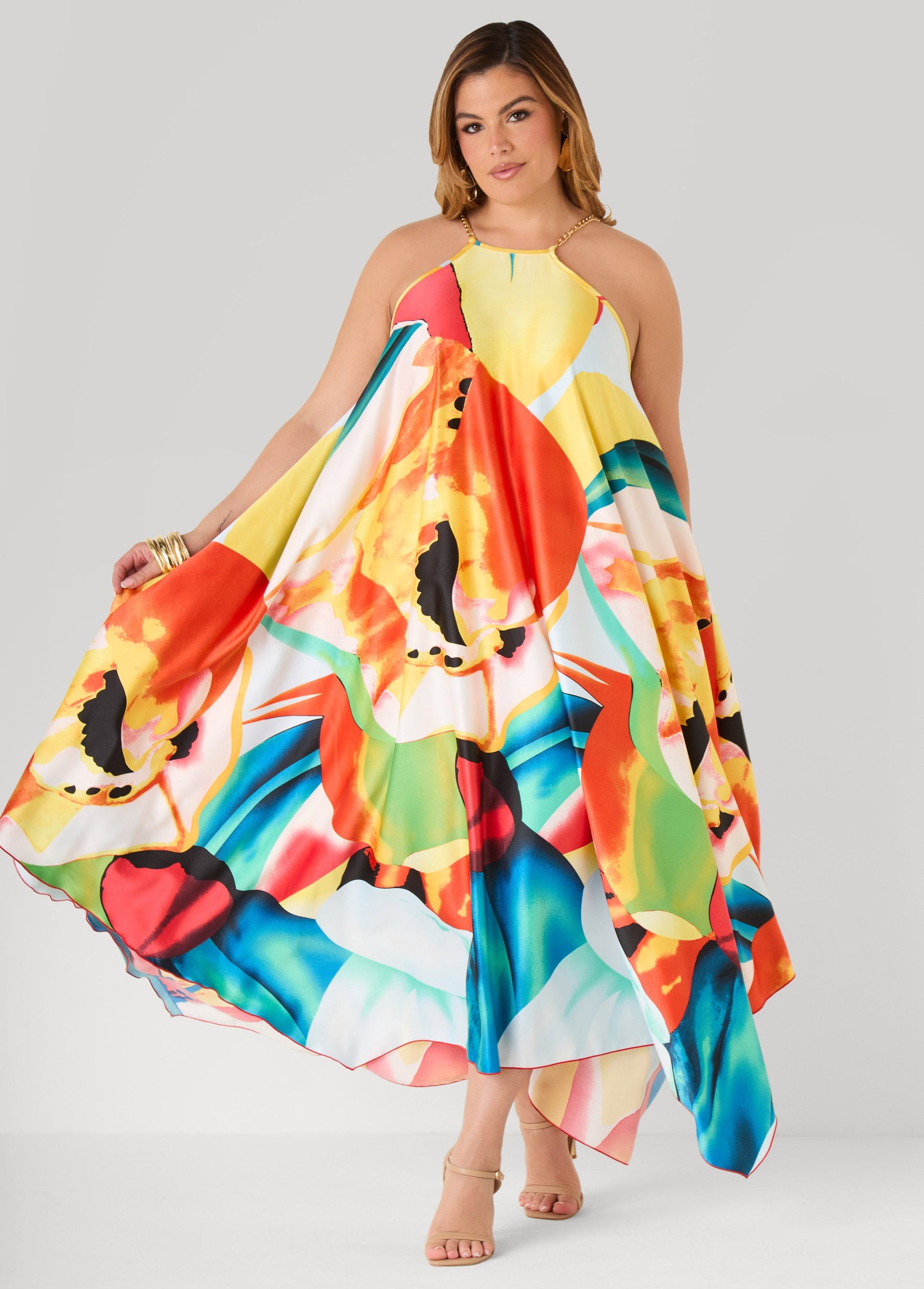 Ashley Stewart Floral Chain Trimmed Maxi Dress Multi