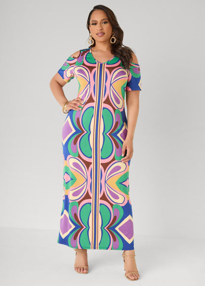 Ashley Stewart Tall Cold Shoulder Printed Maxi Dress Multi