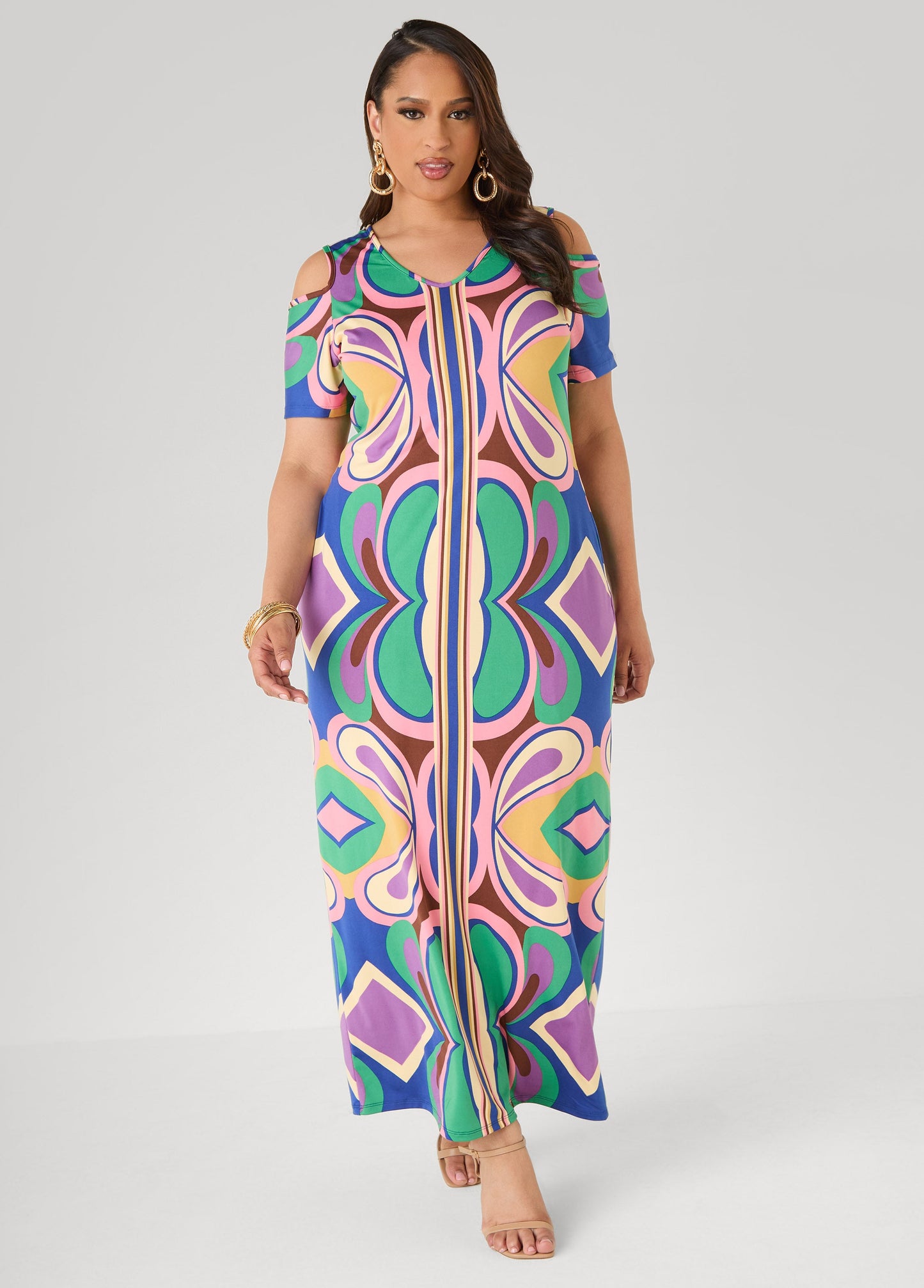 Ashley Stewart Tall Cold Shoulder Printed Maxi Dress Multi