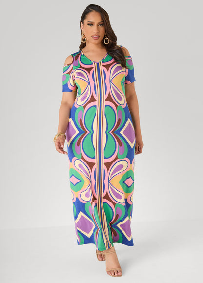 Ashley Stewart Tall Cold Shoulder Printed Maxi Dress Multi