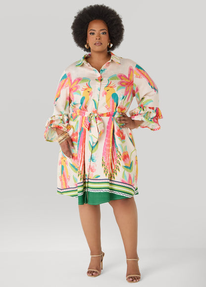 Ashley Stewart Ruffled Parrot Print Shirtdress Multi