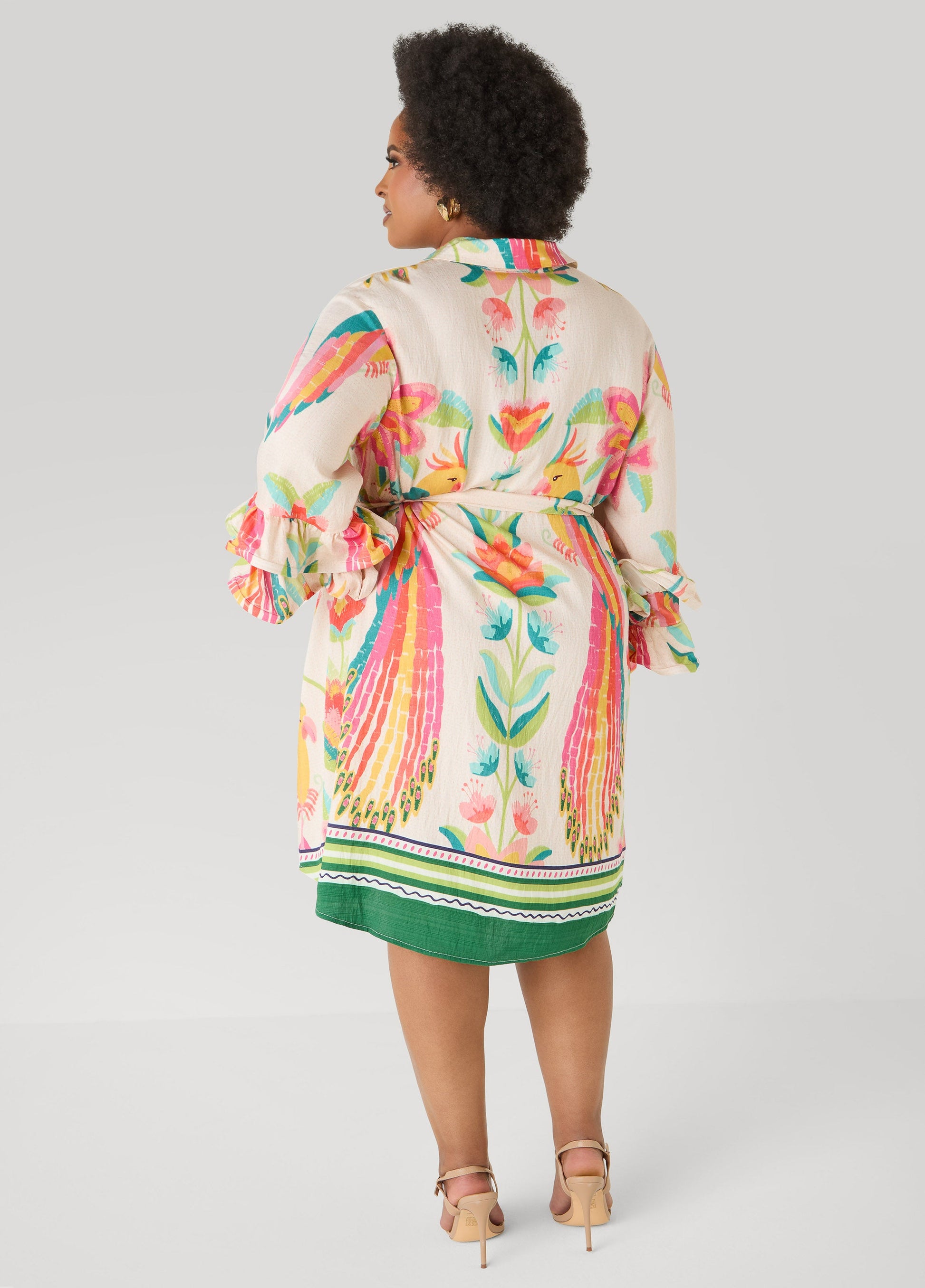 Ashley Stewart Ruffled Parrot Print Shirtdress Multi