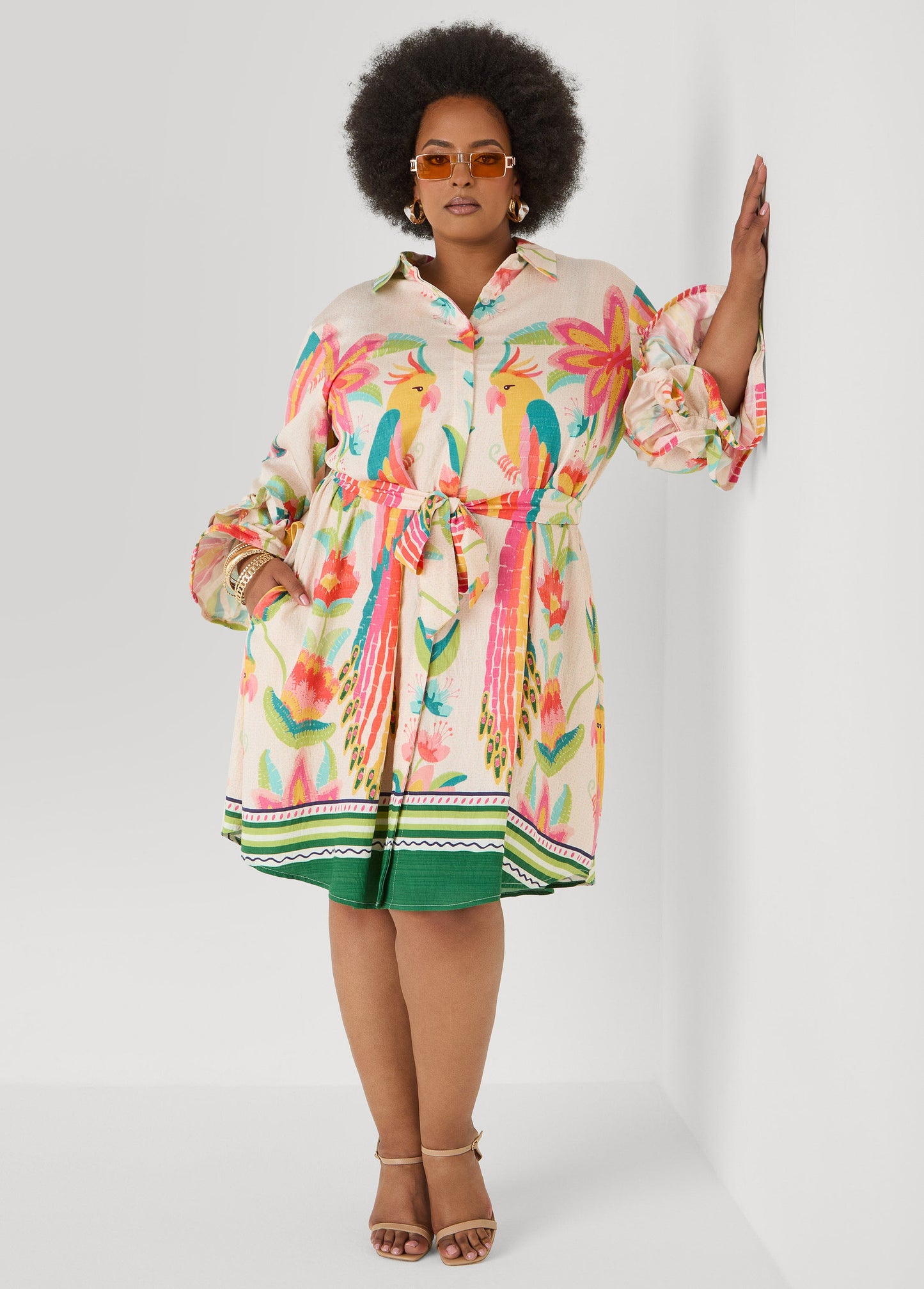 Ashley Stewart Ruffled Parrot Print Shirtdress Multi
