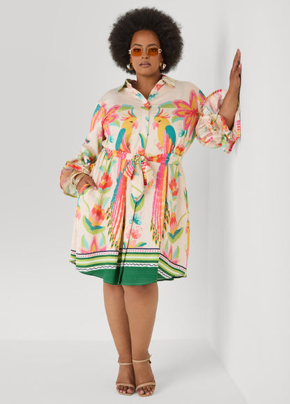 Ashley Stewart Ruffled Parrot Print Shirtdress Multi