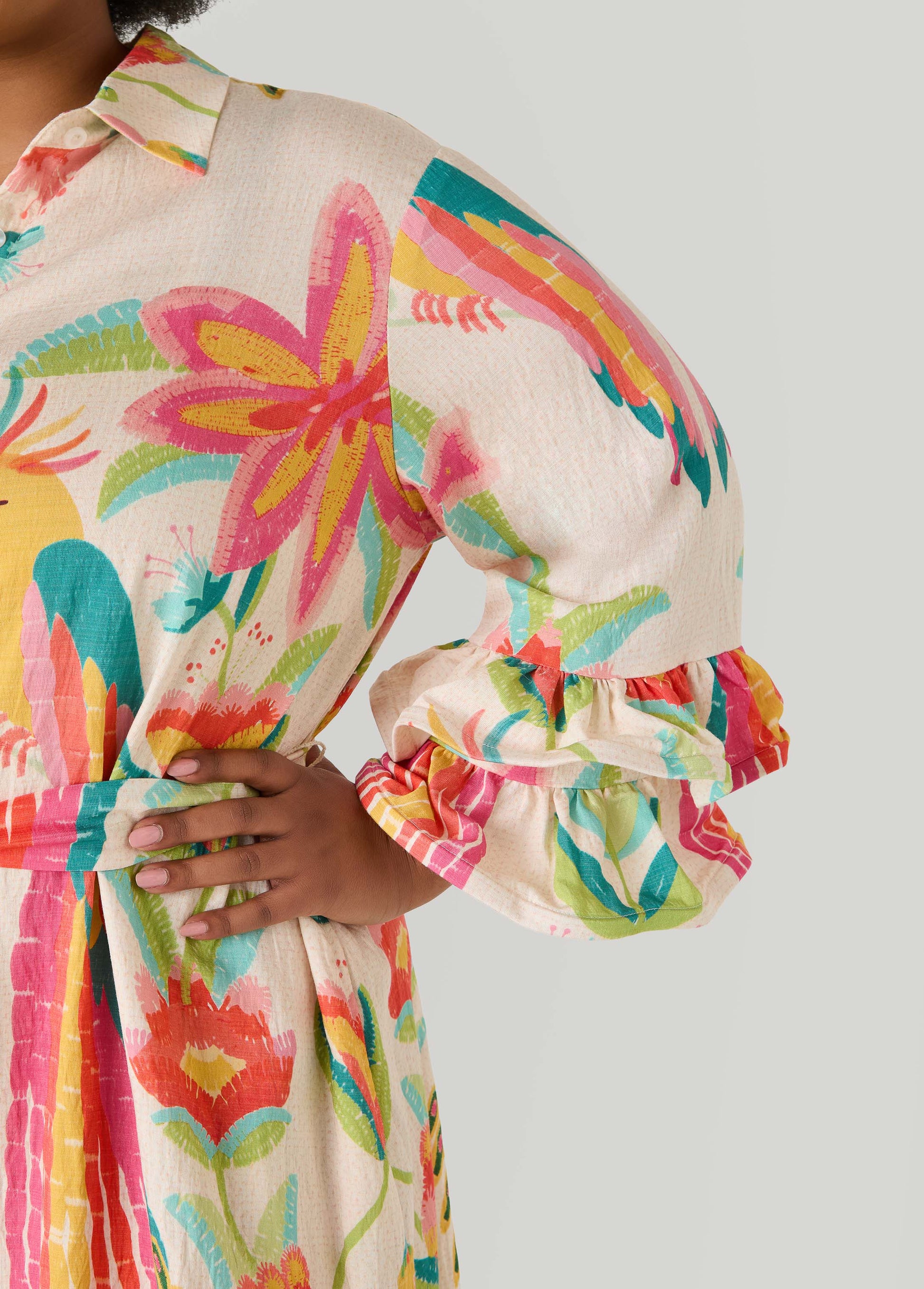Ashley Stewart Ruffled Parrot Print Shirtdress Multi