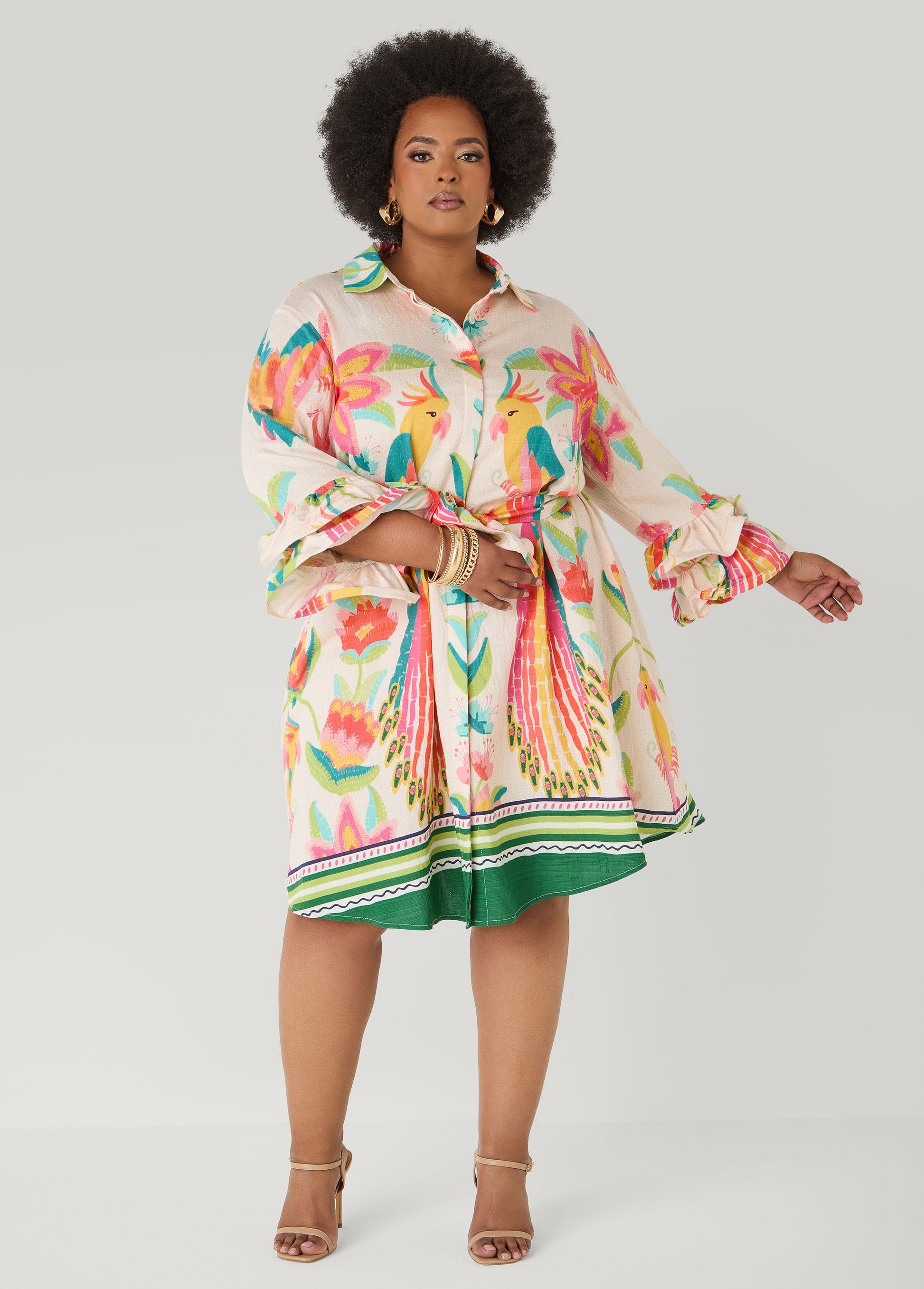 Ashley Stewart Ruffled Parrot Print Shirtdress Multi