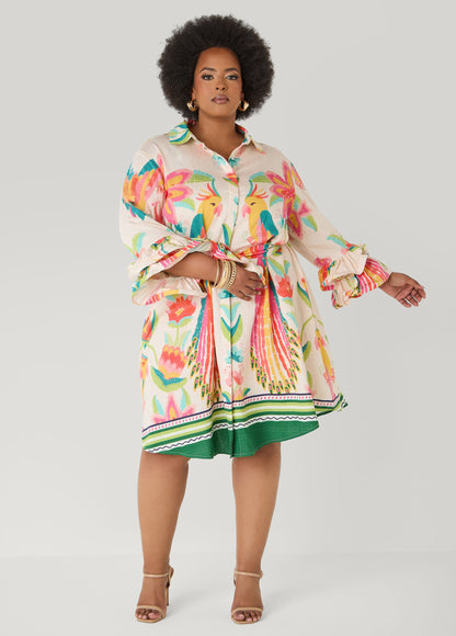 Ashley Stewart Ruffled Parrot Print Shirtdress Multi
